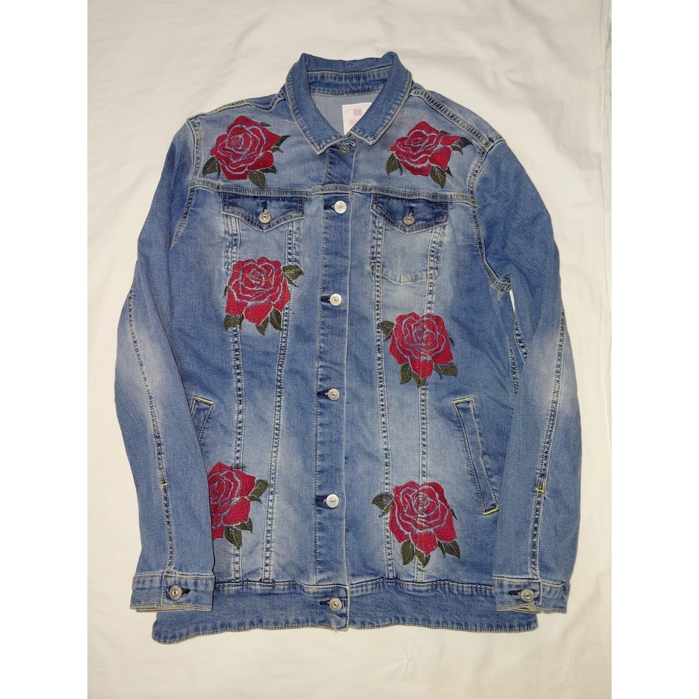 Lularoe Denim Jacket Rose Embroidery Pocket Button Up Long Sleeve Size XL NWOT!